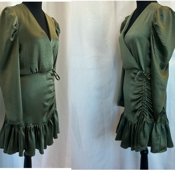 Steve Madden khaki olive green satin effect ruffle BB DAKOTA NYLA DRESS NWT - Picture 9 of 16